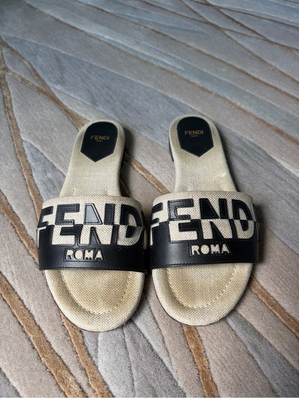 Fendi Beige Canvas and Black Logo Slide Sandals